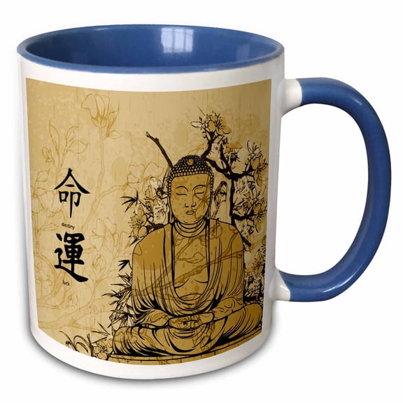 3drose, a Brown Stained Budda with Flowers and Oriental Writing Meaning Destiny and Luck, 15oz Two-tone Blue Mug