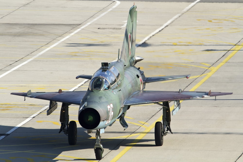 A Bulgarian Air Force MiG-21UM jet fighter taxiing Canvas Art - Anton BalakchievStocktrek Images (35 x 23)