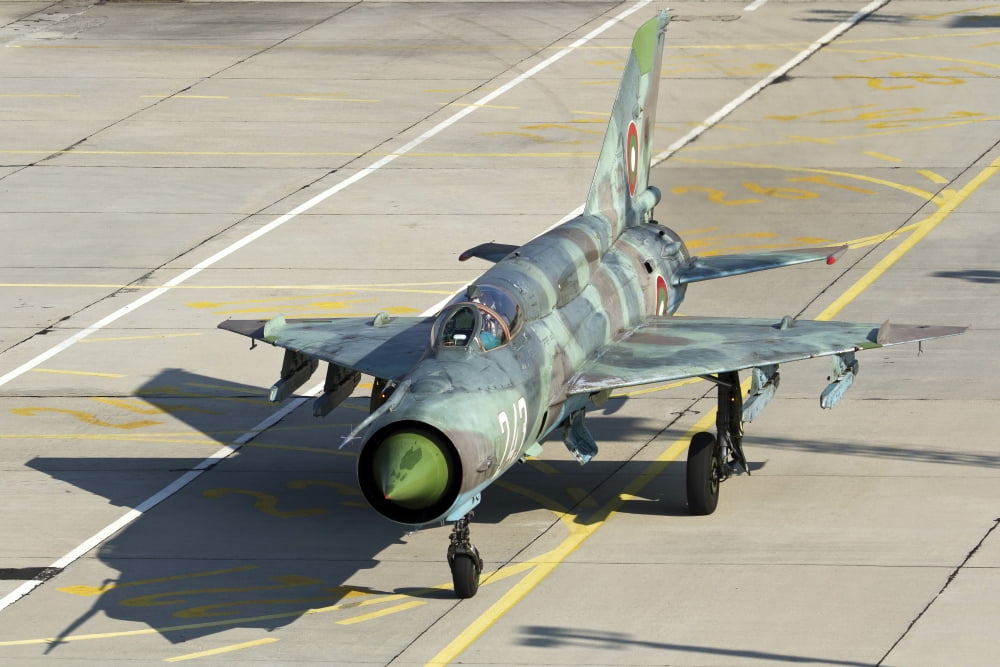 A Bulgarian Air Force MiG-21bis jet fighter taxiing Canvas Art - Anton BalakchievStocktrek Images (35 x 23)