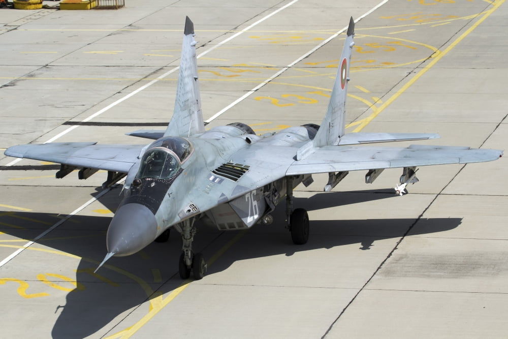 A Bulgarian Air Force MiG-29 aircraft with AA-8 Aphid missile Canvas Art - Anton BalakchievStocktrek Images (35 x 23)