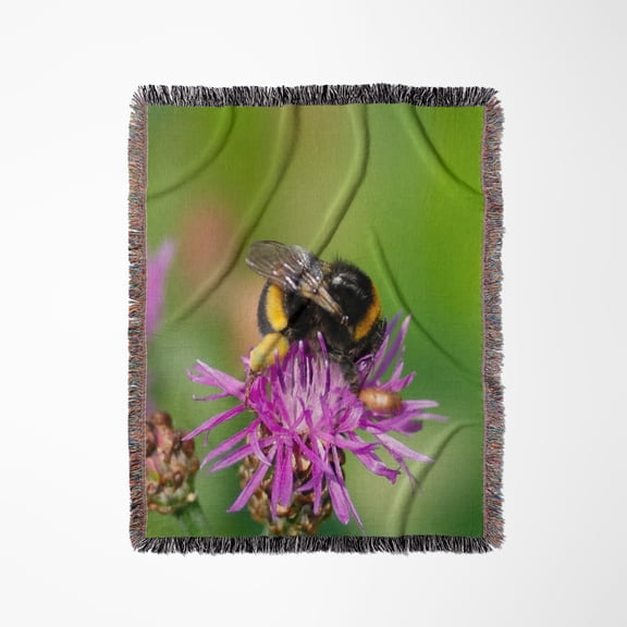 A Bumblebee On A Purple Thistle Flower. Smooth Green Background, Woven Blanket