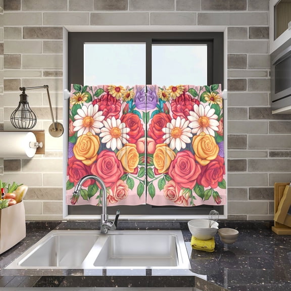 A Bunch Of Flowers Kitchen Curtains Half Tier Curtain 2 Rod Pockets Bathroom Bedroom Cupborad Living Room 27"x24"