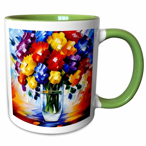 3drose, a Bunch of Red, Yellow, Blue Flowers in a Glass Vase on a Table, 15oz Two-tone Green Mug