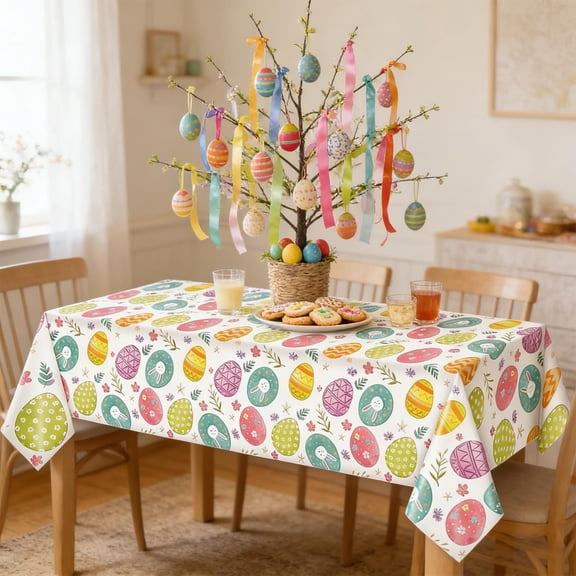 A Bunny Motif Disposable Plastic Tablecloth For Easter Celebrations, Oversized Design Fits Large Tables For Holiday Brunches And Egg Hunts