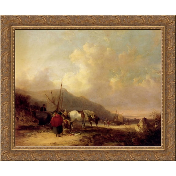 A Busy Beach Scene 24x20 Gold Ornate Wood Framed Canvas Art by William Shayer