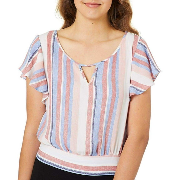 A. Byer Flutter Sleeve Tie Back Cropped Juniors Top (Multi Distressed Stripe, L)