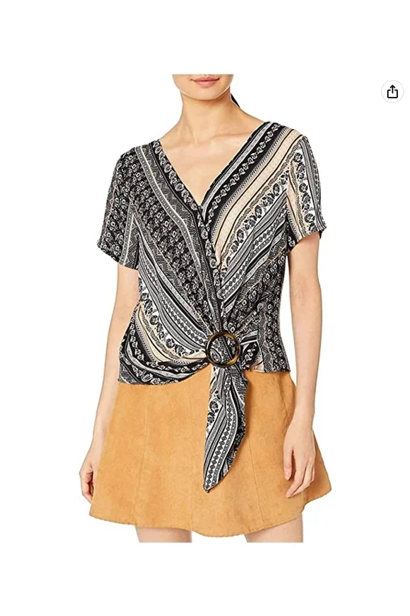 Women's Juniors Short Sleeve Tie Front Faux Wrap Top, Black Stripe, L