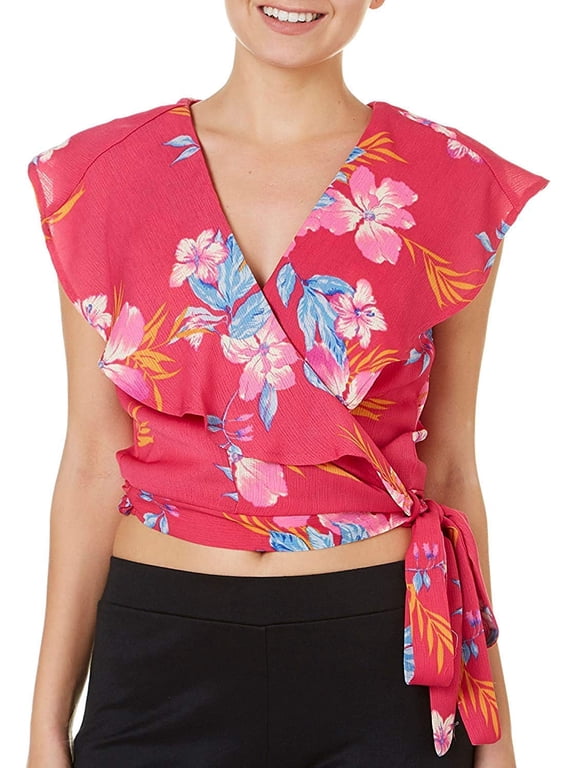 Womens Juniors' Sleeveless Ruffle Surplus Crop Top Coral Floral M