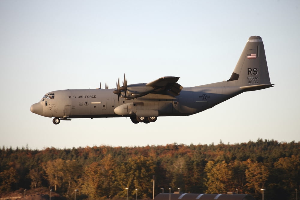 A C-130J Super Hercules prepares for landing at Ramstein Air Base Germany Canvas Art - Timm ZiegenthalerStocktrek Images (18 x 12)