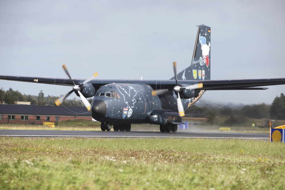 A C-160 Transall of the German Air Force on the runway Canvas Art - Timm ZiegenthalerStocktrek Images (35 x 23)