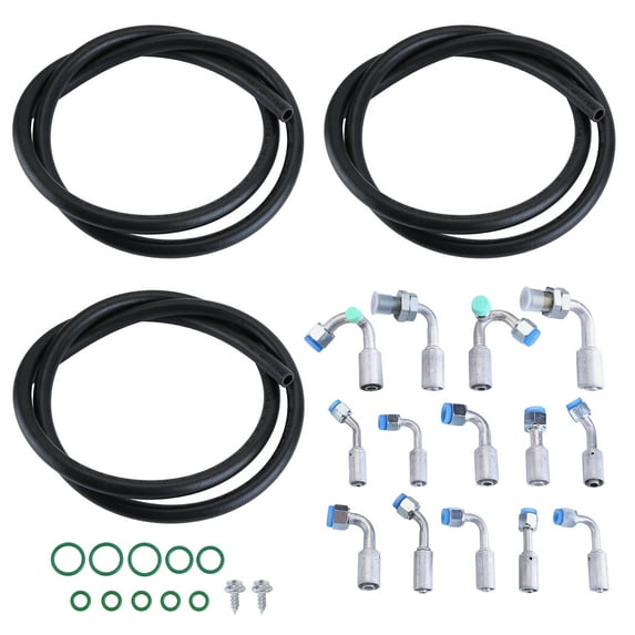 A/C Air Conditioning Extended Length Hoses Kit Rubber Black with Fittings O-rings Universal