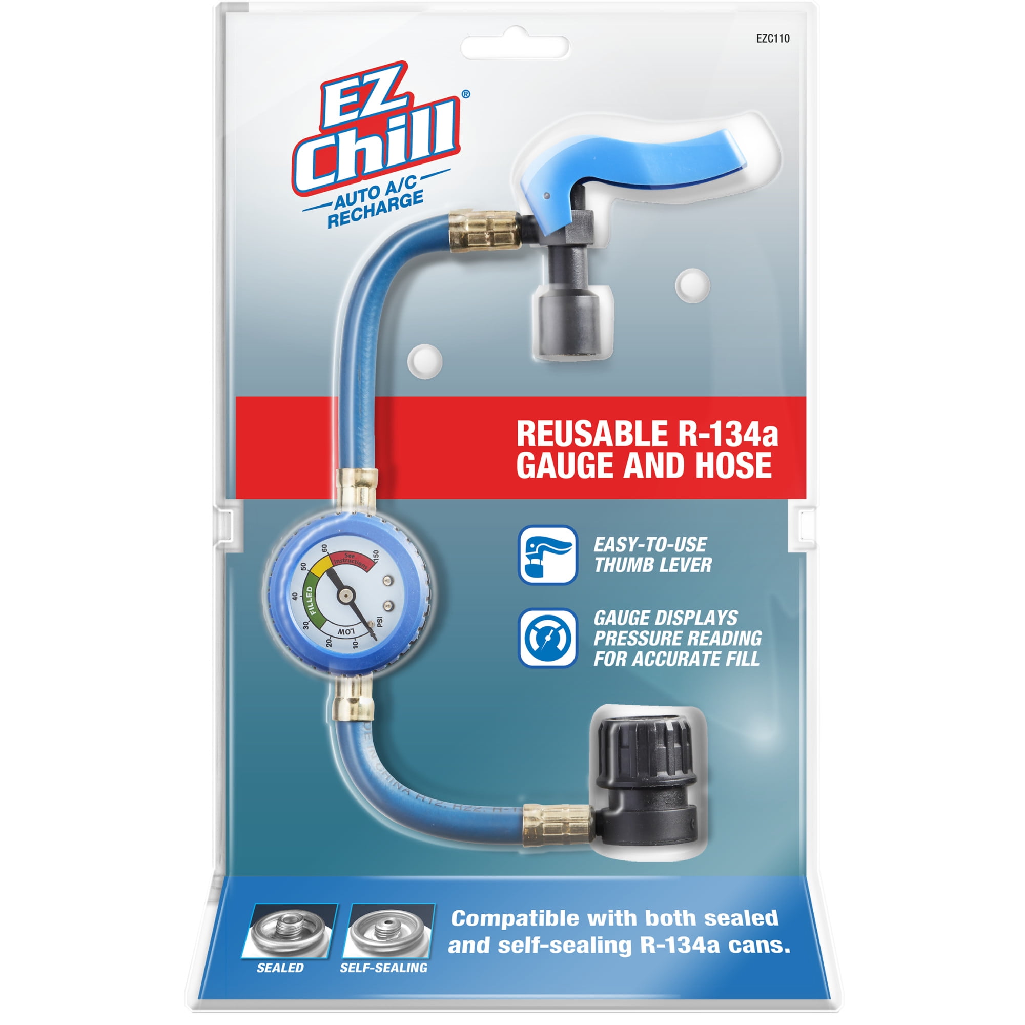 A/C Pro EZ Chill Auto A/C Recharge Kit with Reusable R-134A Gauge and Hose