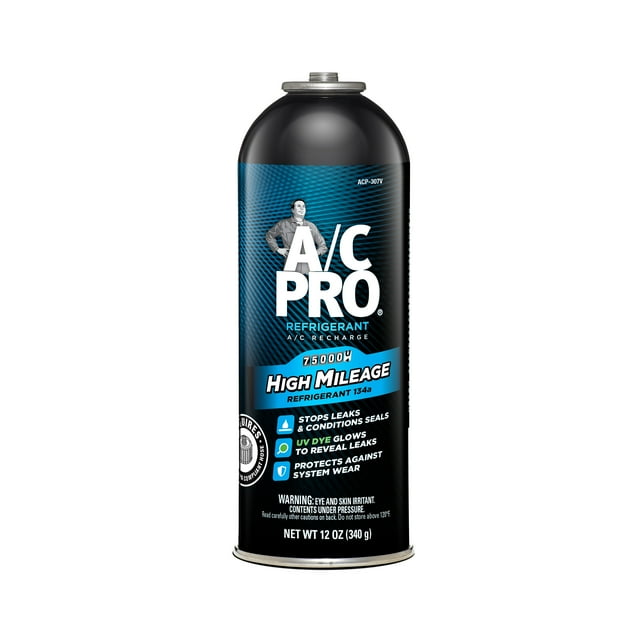 A/C Pro High Mileage R134a A/C Recharge Auto Air Conditioner Refrigerant Refill 12oz