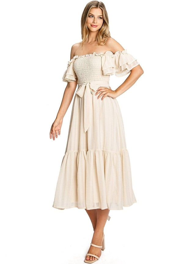 A. Calin Women's Feminine Boho Off Shoulder Smocked Midi Dress (Small, Light Taupe)