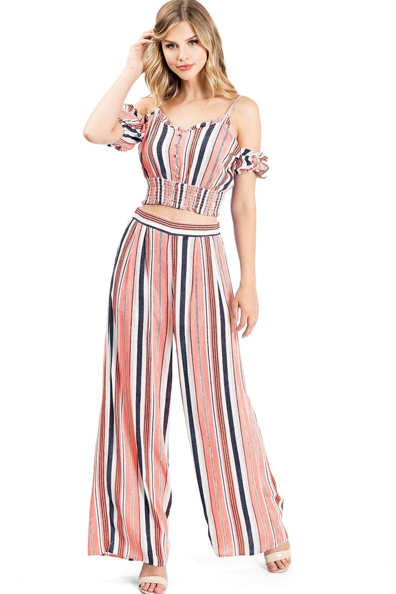 A. Calin Women's Juniors Nautical Crop Top Palazzo Pants Matching Separates Set (Medium, Pink)