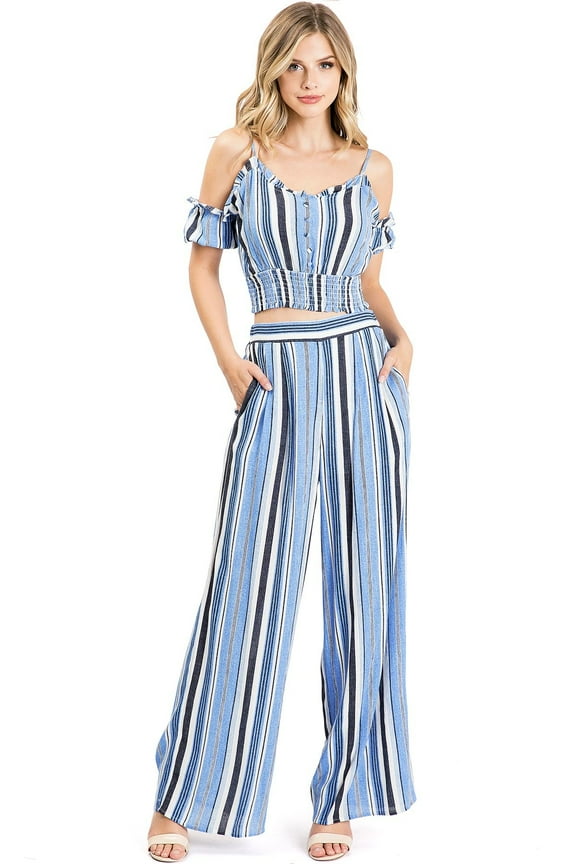 A. Calin Women's Juniors Nautical Crop Top Palazzo Pants Matching Separates Set (Small, Blue)