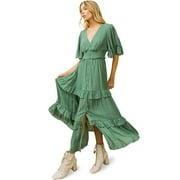 A. Calin Women's Ruffle Linen Formal A-line Maxi Dress (Jade, S)