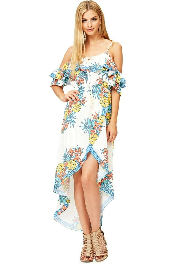A. Calin Womens Juniors Off Shoulder Summer Floral Hi-Low Midi Dress (Ivory, Small)