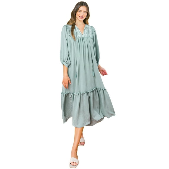 A. Calin by Flying Tomato Women's Shift Midi Kaftan Boho Dress (S, Sage)