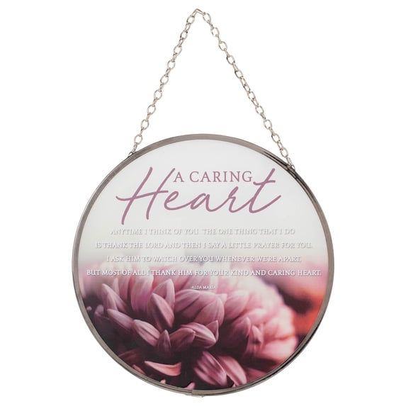 A Caring Heart Poem Floral Pink 6 x 6 Glass Sun Catcher With Suction Cup