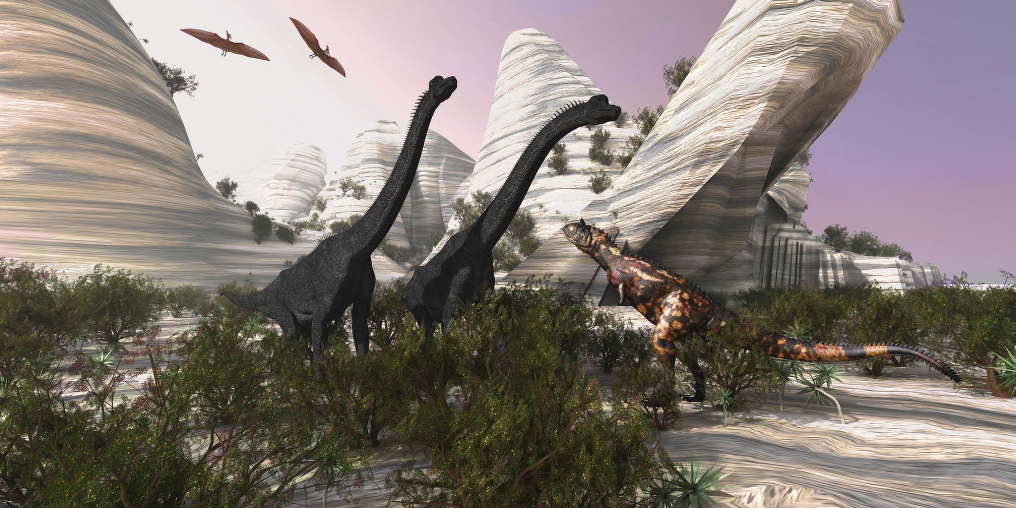 A Carnotaurus dinosaur approaches two Brachiosaurus for a battle Canvas Art - Corey FordStocktrek Images (20 x 10)