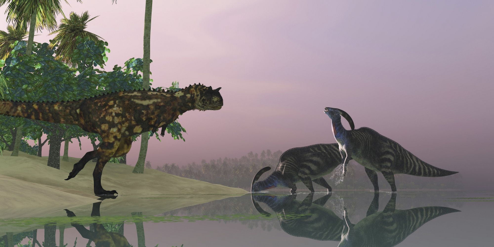 A Carnotaurus dinosaur attacks two Parasaurolophus dinosaurs Canvas Art - Corey FordStocktrek Images (20 x 10)