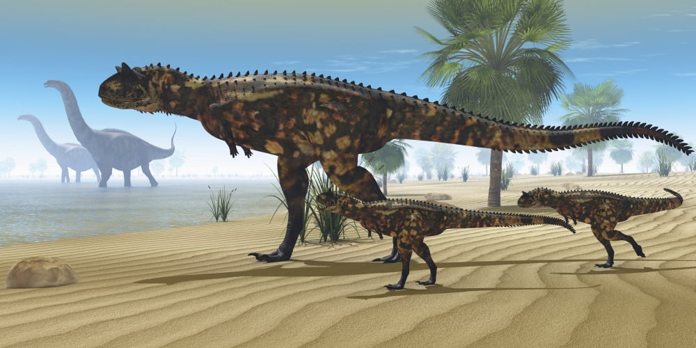 A Carnotaurus mother brings her offspring down to a river to drink Canvas Art - Corey FordStocktrek Images (40 x 20)