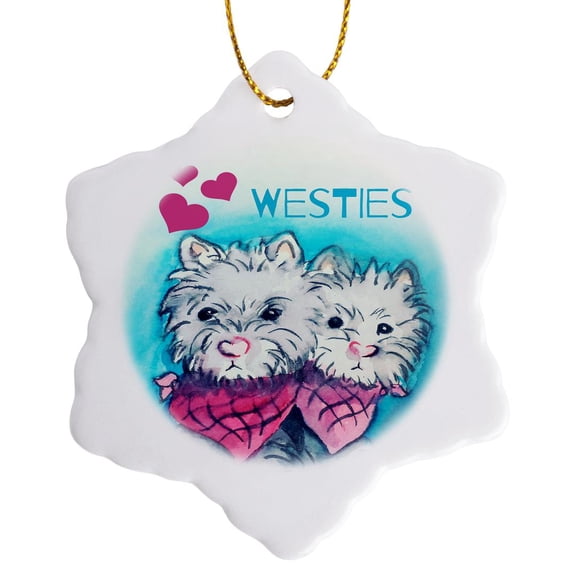 3drose, a Cartoon Watercolor Illustration of Two Westies., 3 inch Snowflake Porcelain Ornament