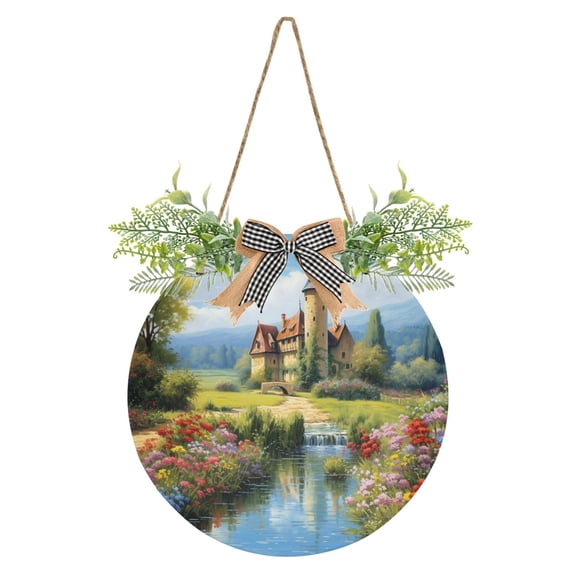 A Castle in A Fairy Tale Front Door Porch Decoration Hanging Sign with Artificial Green Plants and Bow for Home Outdoor Indoor