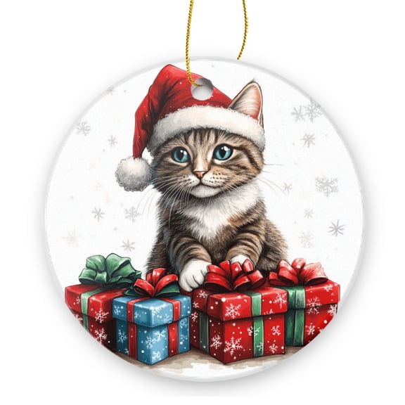 A Cat With A Santa Hat Around Presents - Christmas Ornament Xmas Keepsake Ceramic Ornaments Holiday Decorations for Tree Christmas Gift Ideas 2.95in