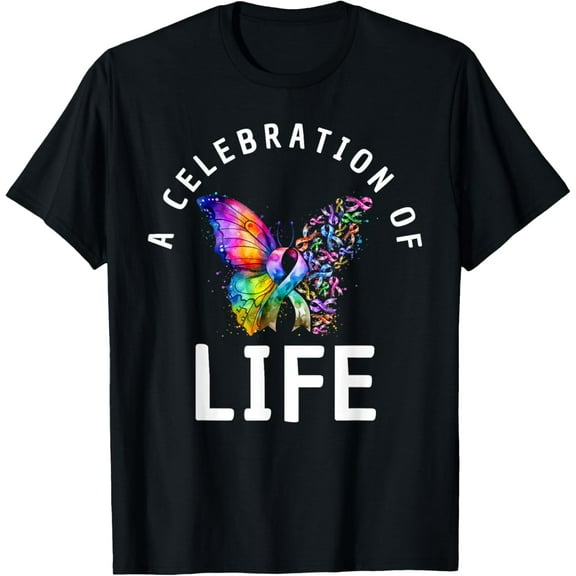 A Celebration of Life Butterfly Ribbon All Cancer Survivor T-ShirtMen's and women's gift, black and white T-shirt, size: Extra large S-4XL