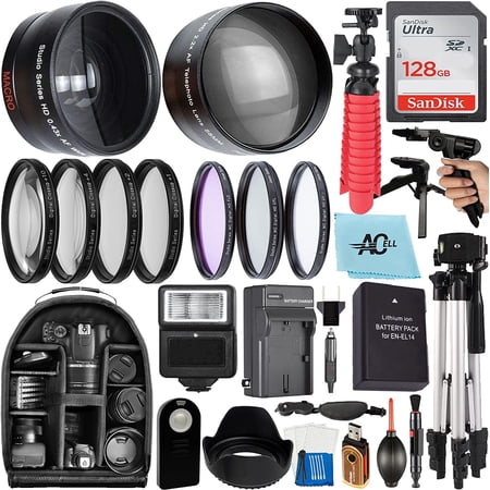 A-Cell 55mm Accessory Bundle for Nikon D3400 D3500 D5500 D5600 D7500 and More with 128GB Memory Card, Wide Angle Marco, Telephoto Lens, Close Up, Filter Kit, Tripod, Backpack (AC55MMACCB)