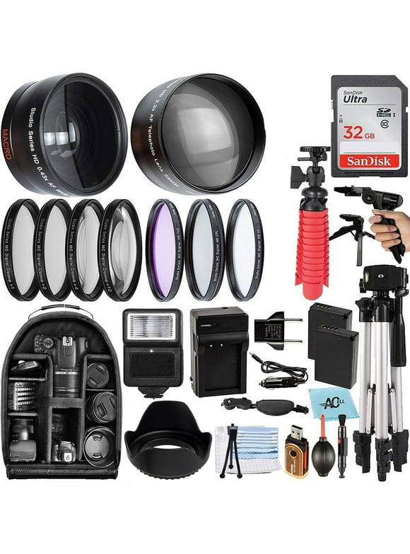 A-Cell 58mm Accessory Bundle for Canon EOS Rebel T7, T6, T5, T3, T100, 4000D, 2000D, 3000D and More with 32GB SanDisk Memory Card, Wide Angle Lens, Telephoto Lens, Tripod, Backpack