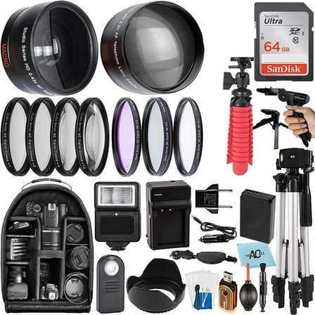 A-Cell AC58MMACC64 Accessory Bundle with 64GB SanDisk Memory Card Lens Telephoto Lens Tripod, Black