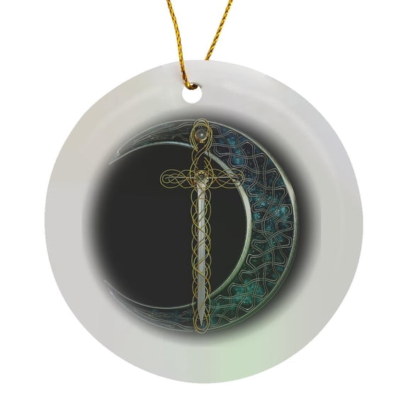 3drose, a Celtic Moon with a Fantasy Sword., Circle Porcelain Ornament