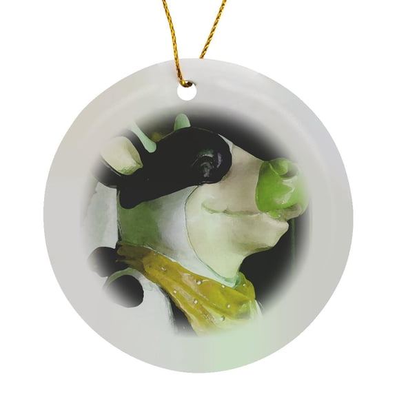 3drose, a Ceramic Cow with a Yellow Sacrf and Green Nose with Black White, Circle Porcelain Ornament
