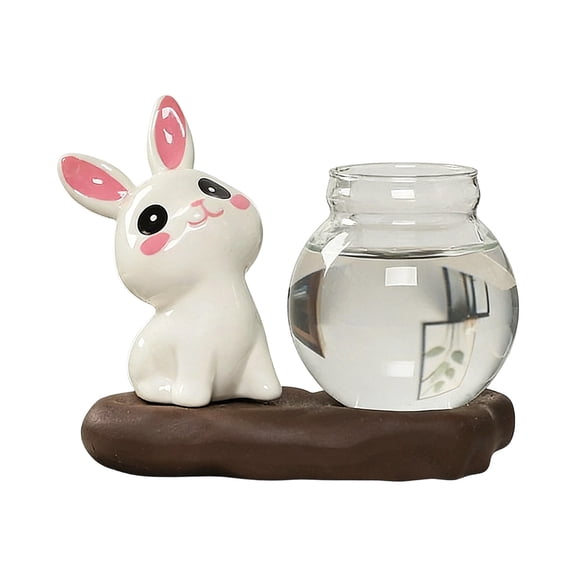 A Ceramic Rabbit-Shaped Hydroponic Glass Vase With Drainage Hole, Transparent Water Planter For Flowers Herbs Tabletop Decor