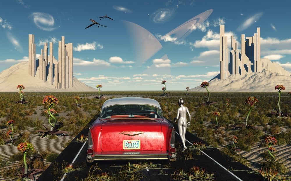 A Chevrolet car on a highway to nowhere on an alien world Canvas Art - Mark StevensonStocktrek Images (36 x 23)