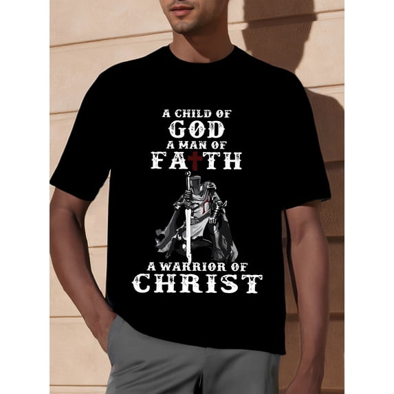 "A Child Of God A Man Of Faith" Knight Graphic Print Men's Creative Top, Casual Slightly Stretch Short Sleeve Crew Neck T-shirt, Men's Tee For Summer Outdoor