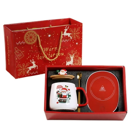 A Christmas Insulated Ceramic Mug Gift Set, With Lid, Warmer Plate, Spoon, & Gift Box, Usb Powered, Deer Themed Design