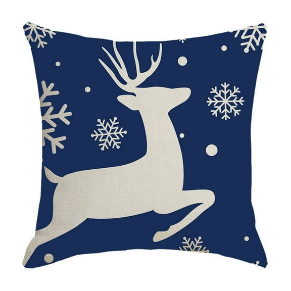 A Christmas Pillow Cover Blue White Reindeer Snowflake, Decorative Sofa Cushion Case, Festive Home Decor