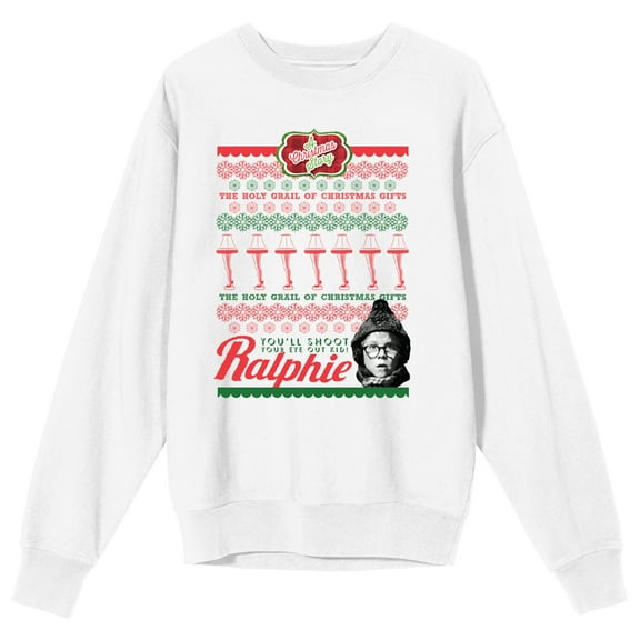 A Christmas Story Holiday Pattern With Ralphie Women's White Crew Neck Sweatshirt-XXL