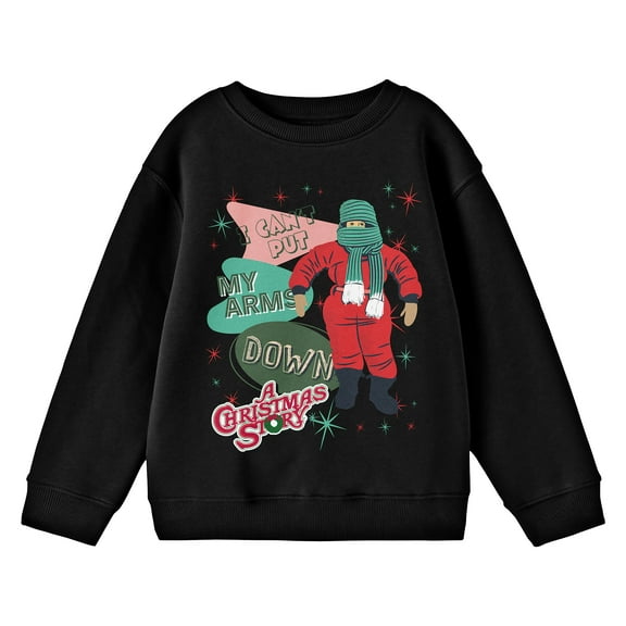 A Christmas Story I Can't Put My Arms Down Crew Neck Long Sleeve Youth Black Sweatshirt-Medium