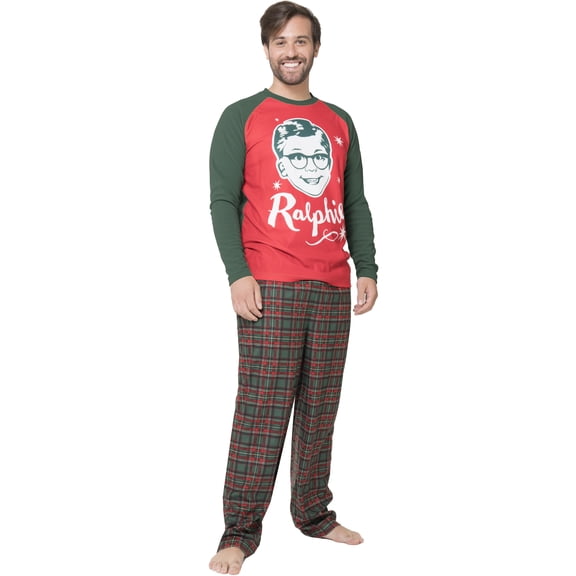 A Christmas Story Mens' Pajamas Ralphie 2PC Raglan Long Sleeve Sleep Shirt Plaid Pajama Pant Set for Adults