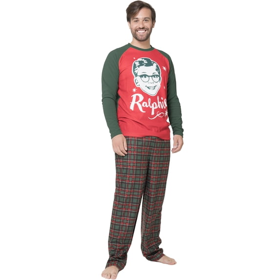 A Christmas Story Mens' Pajamas Ralphie 2PC Raglan Long Sleeve Sleep Shirt Plaid Pajama Pant Set for Adults