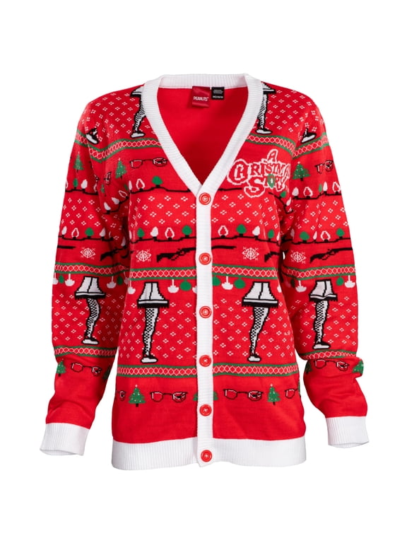 A Christmas Story Ralphie Broken Glasses and Leg Lamp Adult Ugly Christmas Sweater Button Up Cardigan