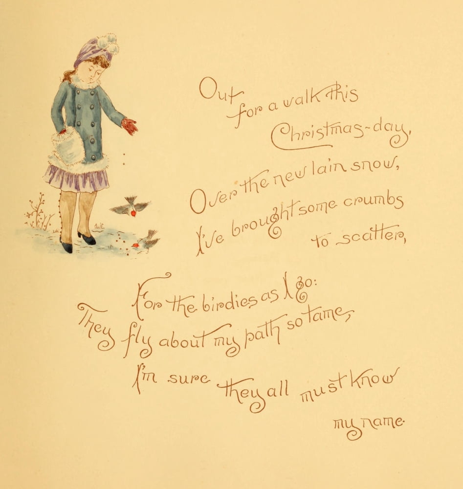 A Christmas visitor 1887 1 Girl feeding Robins Canvas Art - Annie C McQueen (18 x 24)