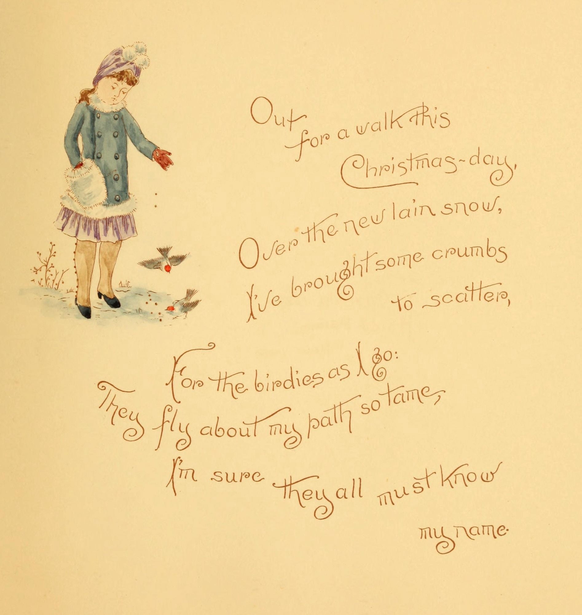 A Christmas visitor 1887 1 Girl feeding Robins Canvas Art - Annie C McQueen (24 x 36)