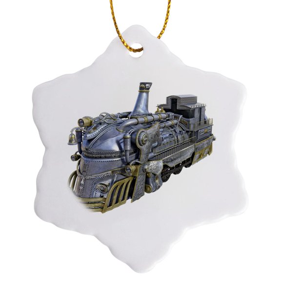 3drose, a Chrome and Gold Steampunk Train Engine, 3 inch Snowflake Porcelain Ornament