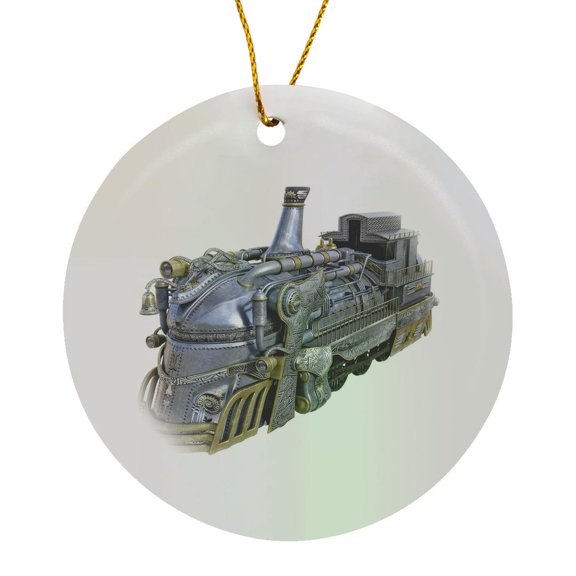 3drose, a Chrome and Gold Steampunk Train Engine, Circle Porcelain Ornament